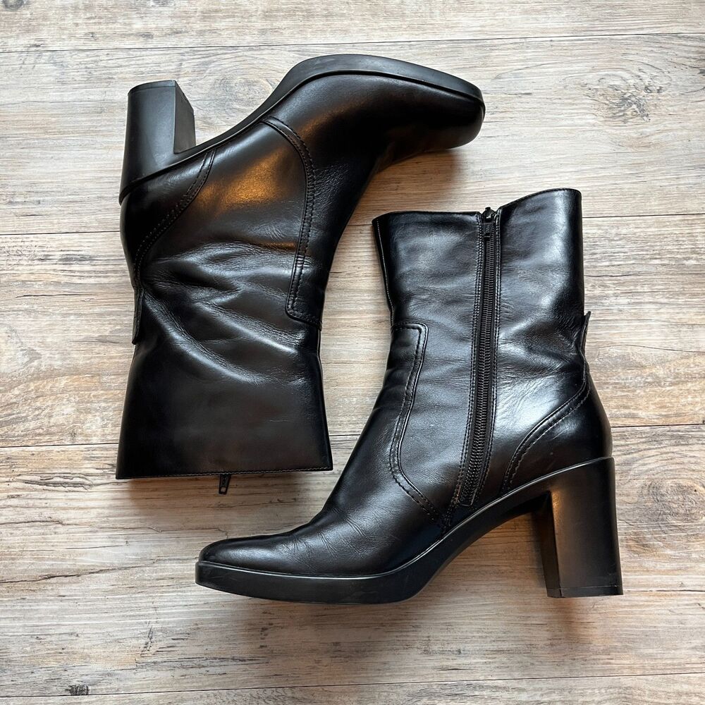 Nine West Boots Square Toe Genuine Leather Heel Zip Up Foxleigh Sz 8 Women's